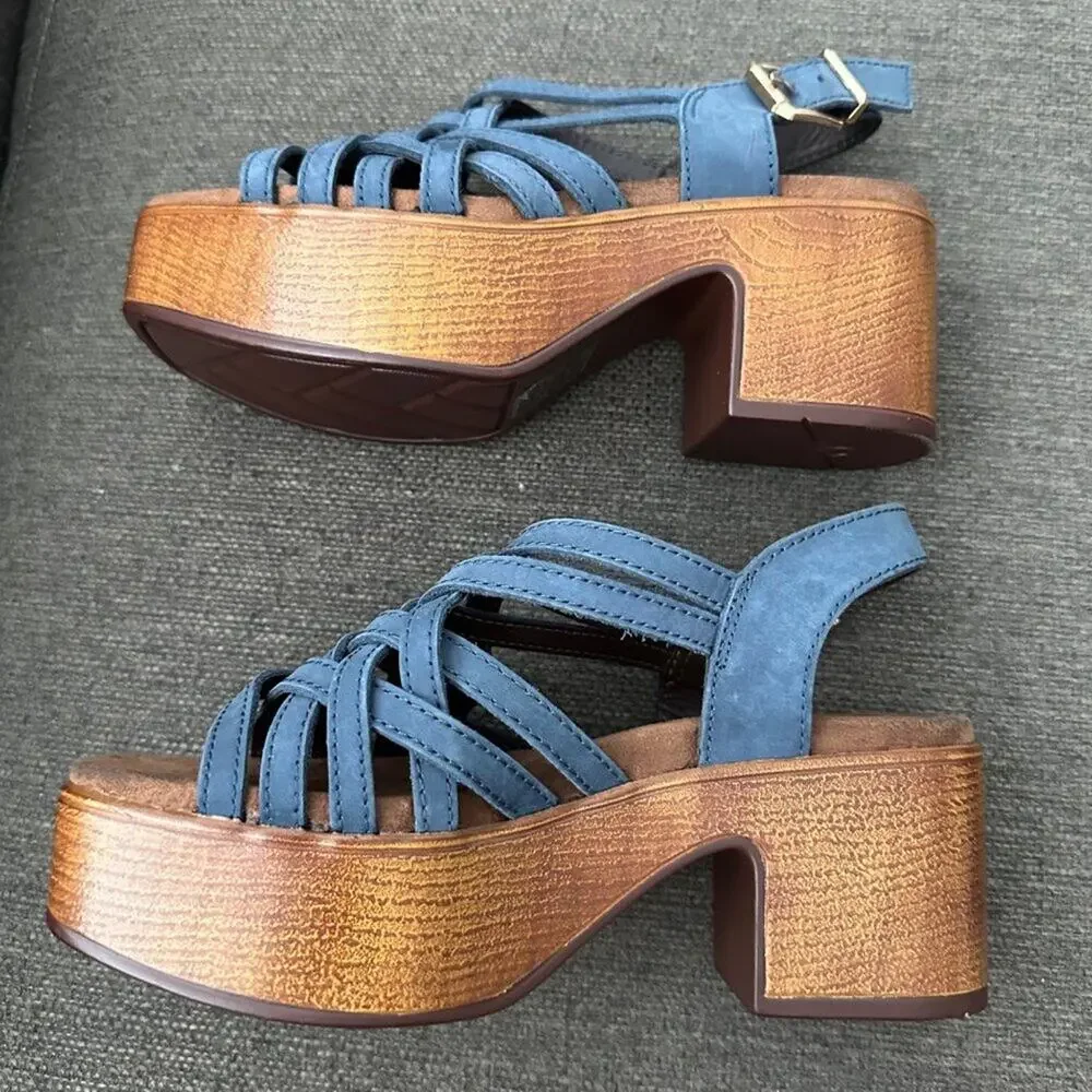 House of Harlow 1960 Women Blue Leather Strappy Platform Sandals Georgia 6.5M